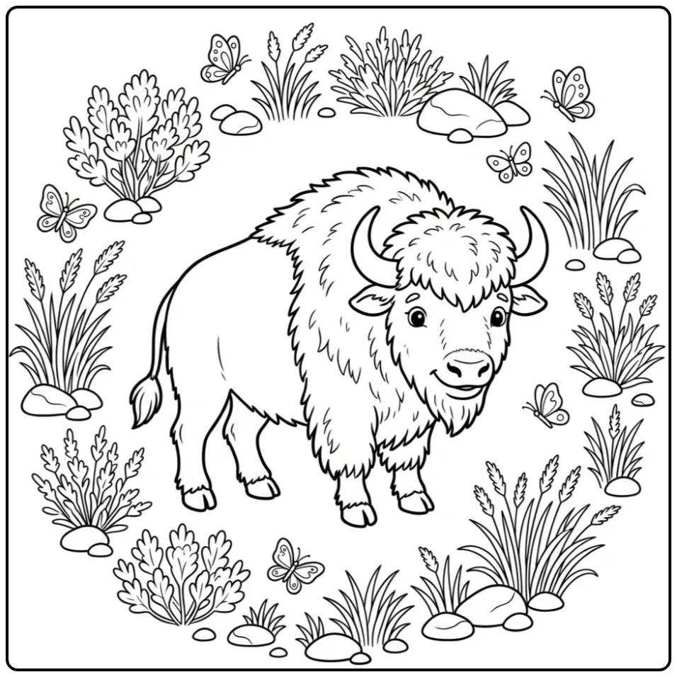 Cute Bison with Prairie Plants coloring page