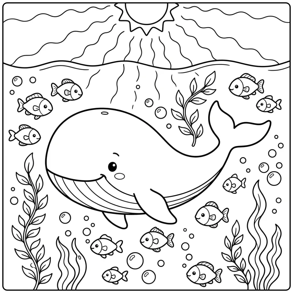 Whale coloring page with fish and bubbles