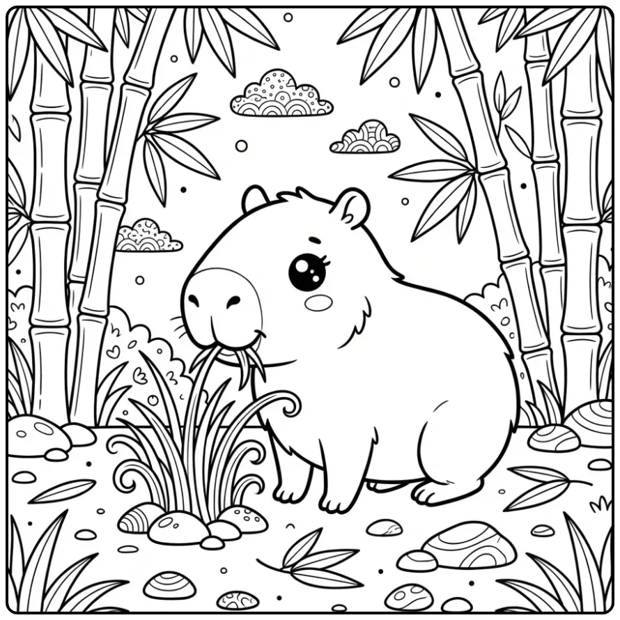 Cute capybara coloring page showing a capybara eating grass
