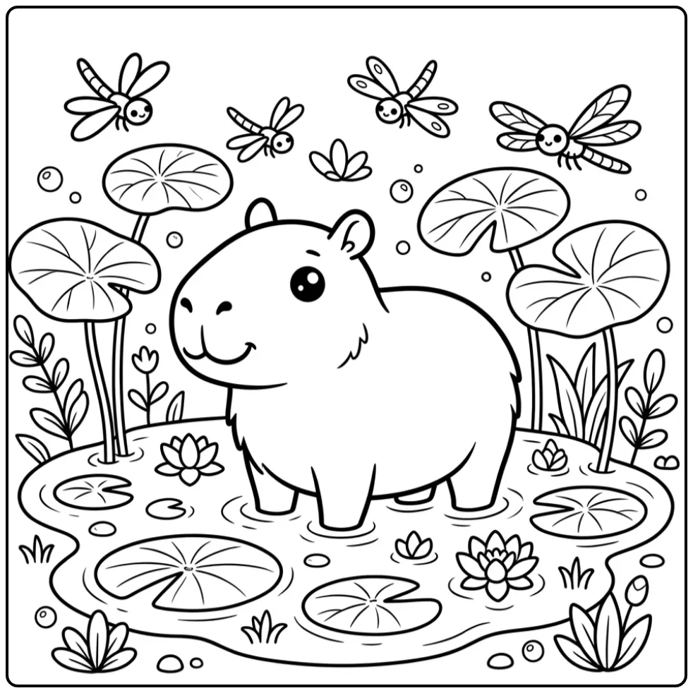 Cute capybara coloring page showing a capybara with flowers and dragonflies