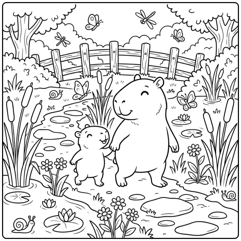 Capybara coloring page showing an adult capybara with a baby