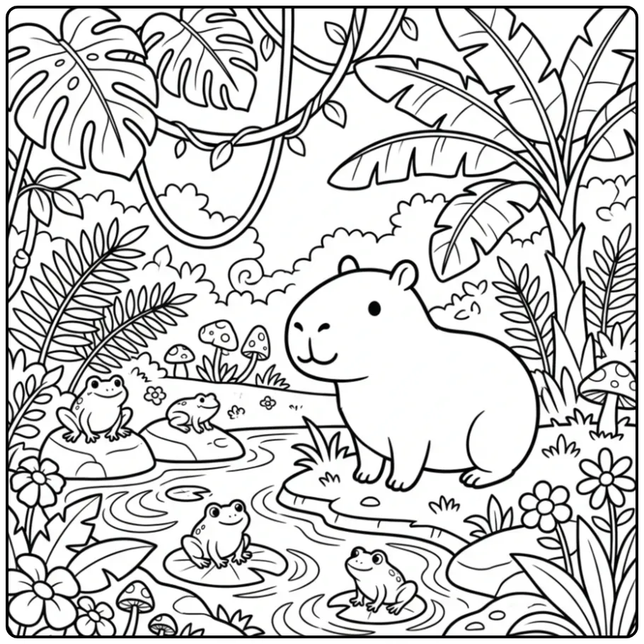 Capybara coloring page featuring a capybara near frogs and plants