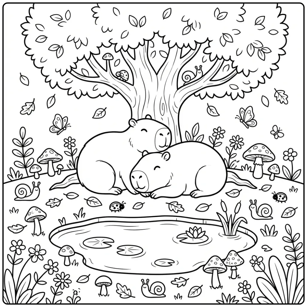 Capybara coloring page featuring two capybaras by a pond