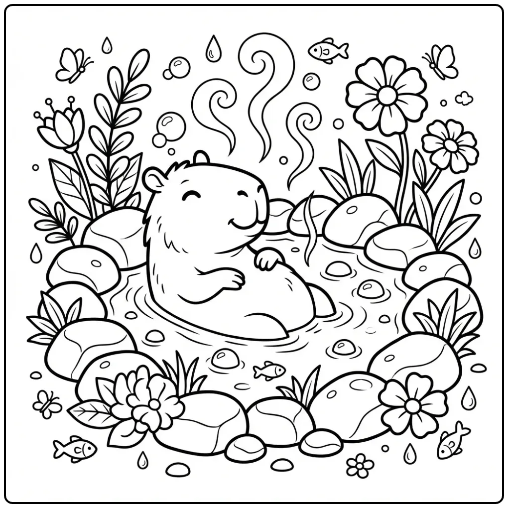 Capybara coloring page featuring a capybara in a hot spring