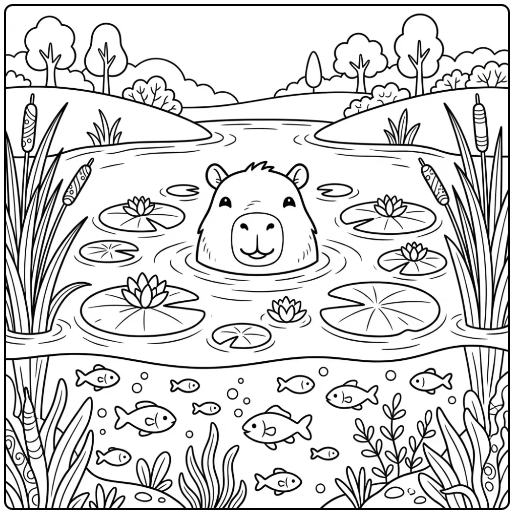 Capybara coloring page showing a swimming capybara in a pond