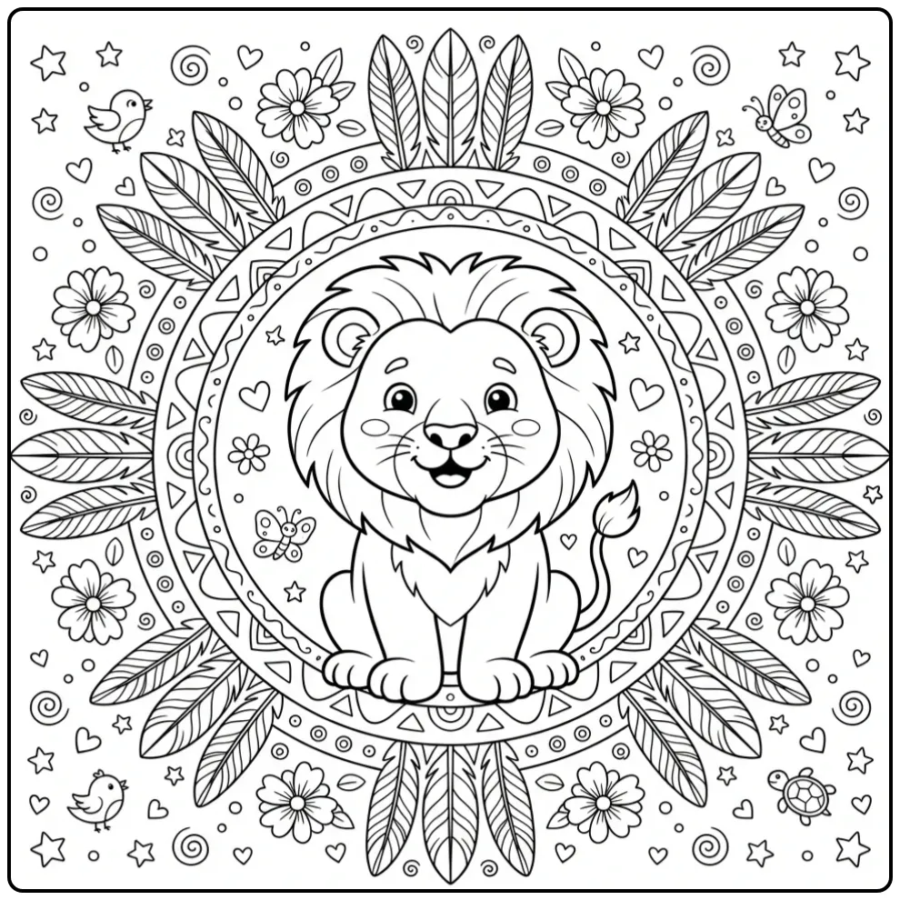 Mandala lion coloring page with a feather and flower circle