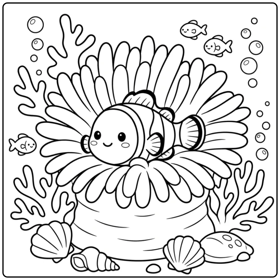 Cute Clownfish in a Soft Anemone coloring page