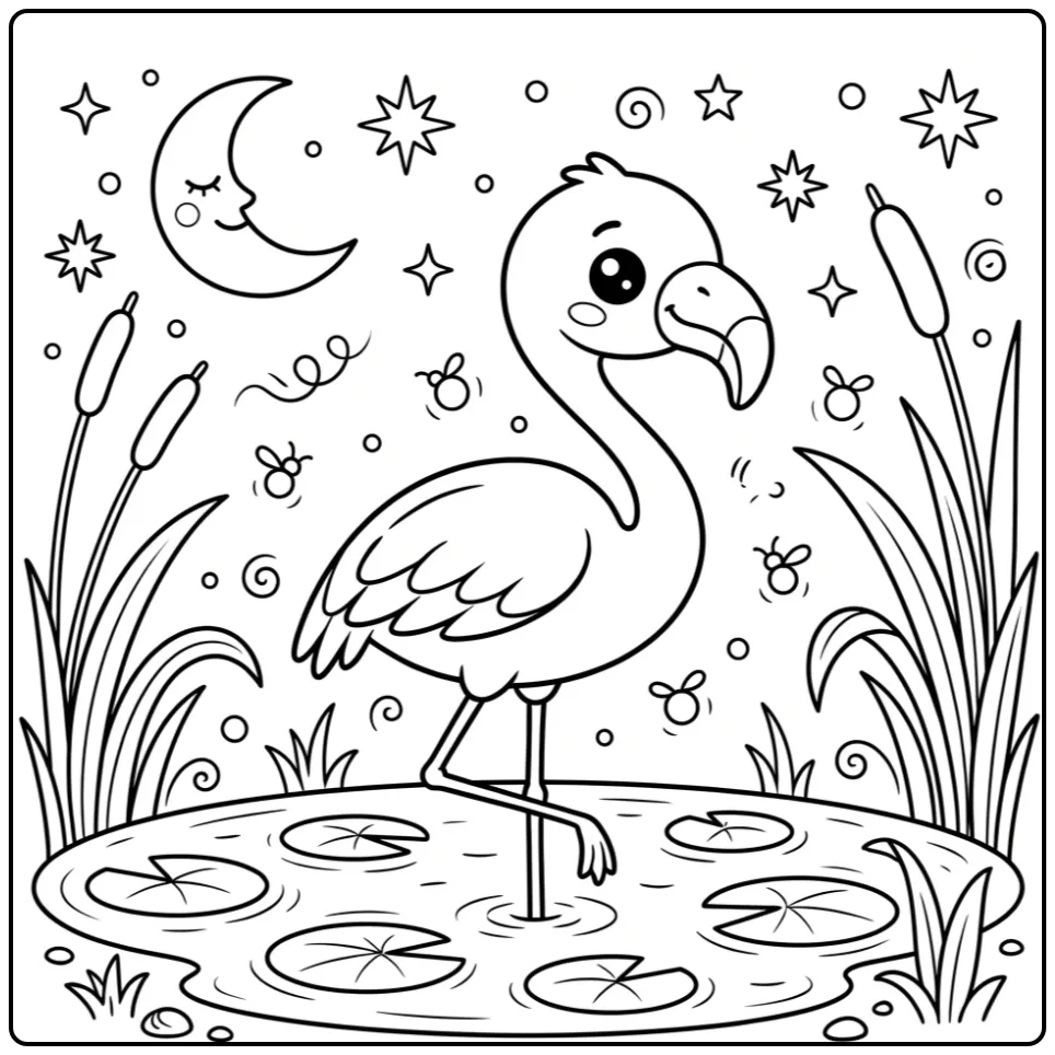 Cute Flamingo Moonlight coloring page