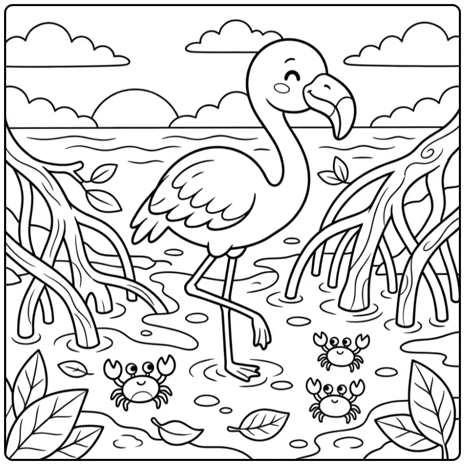 Cute Flamingo in the Mangrove coloring page