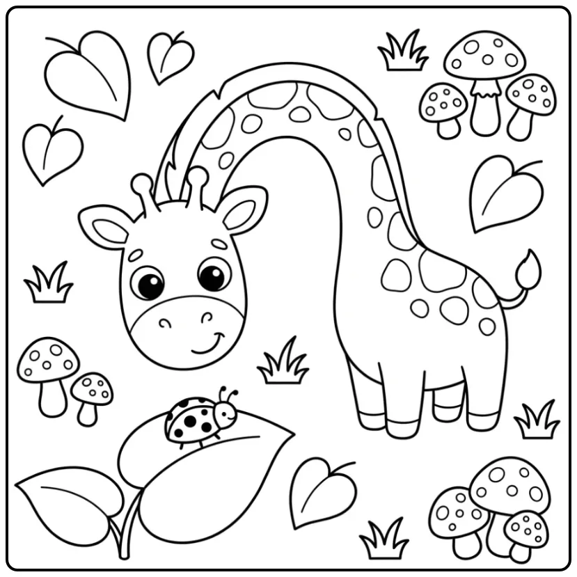 Cute Giraffe Leaves and Mushrooms coloring page