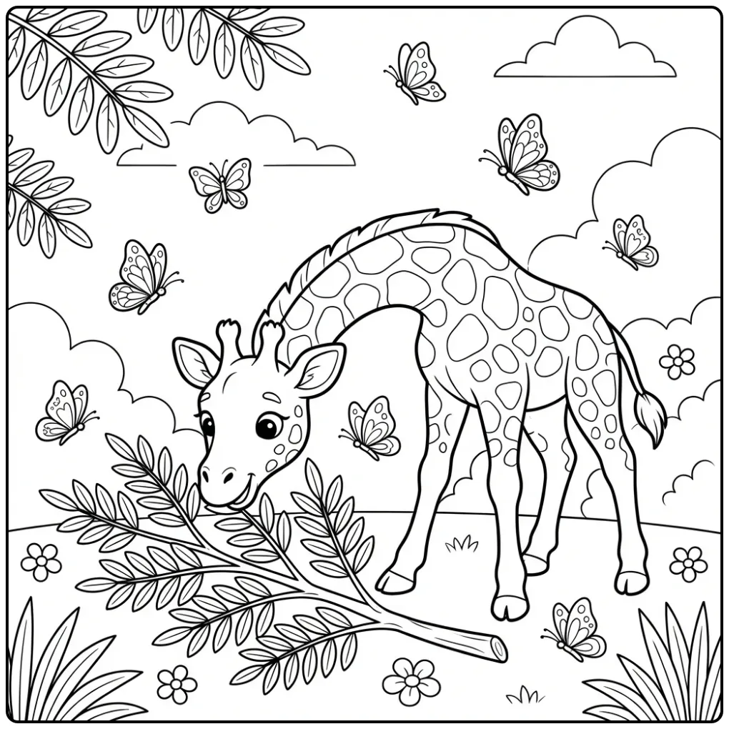 Cute Giraffe Butterflies and Clouds coloring page