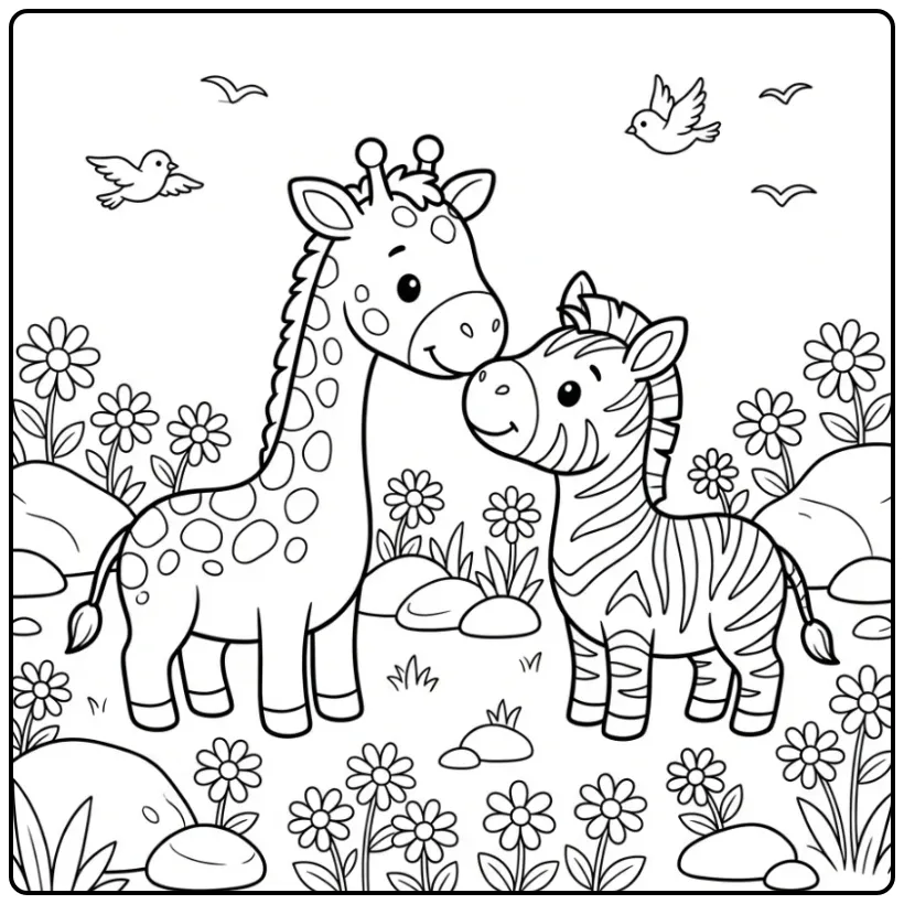Cute Giraffe Zebra Among Daisies coloring page