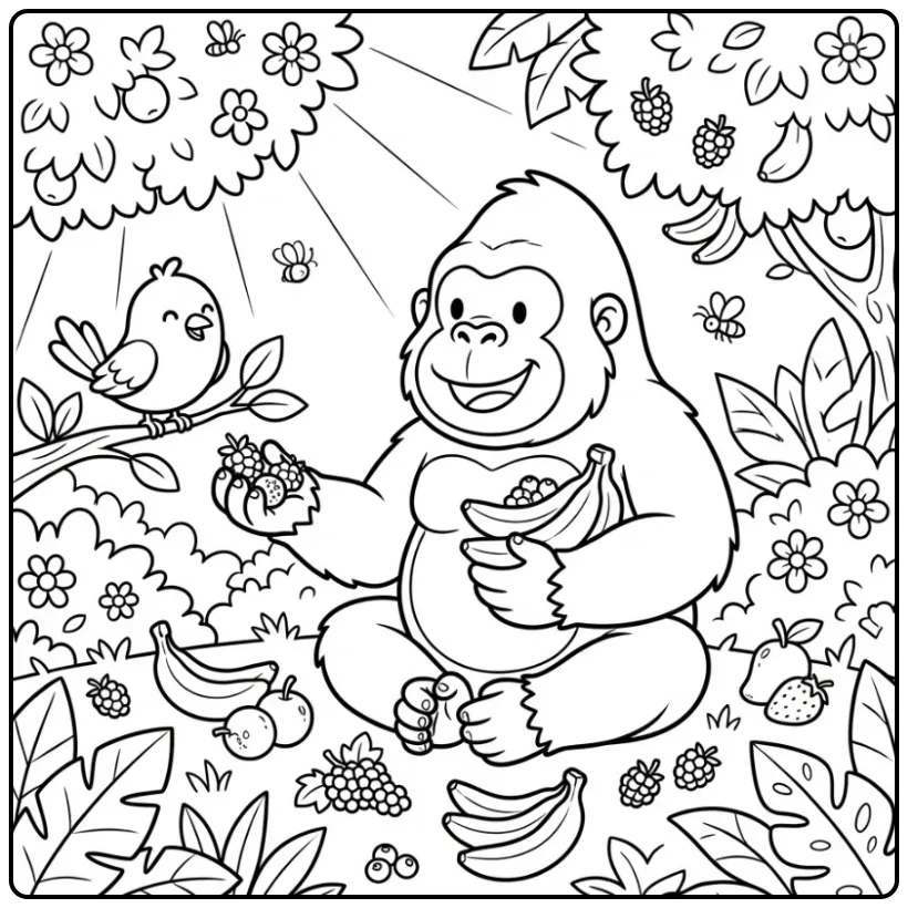Cute Gorilla in the Jungle with Fruit coloring page