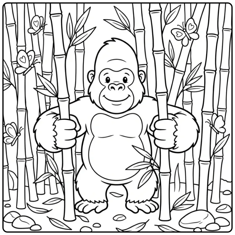 Cute Gorilla in the Bamboo Forest coloring page