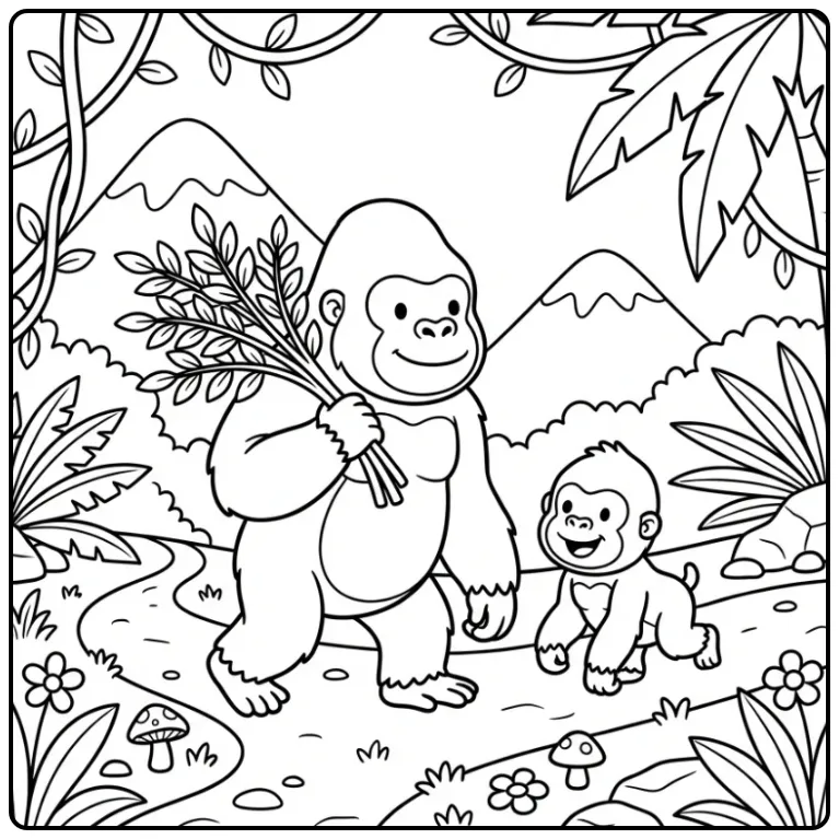 Gorilla coloring page of a family walking in the forest