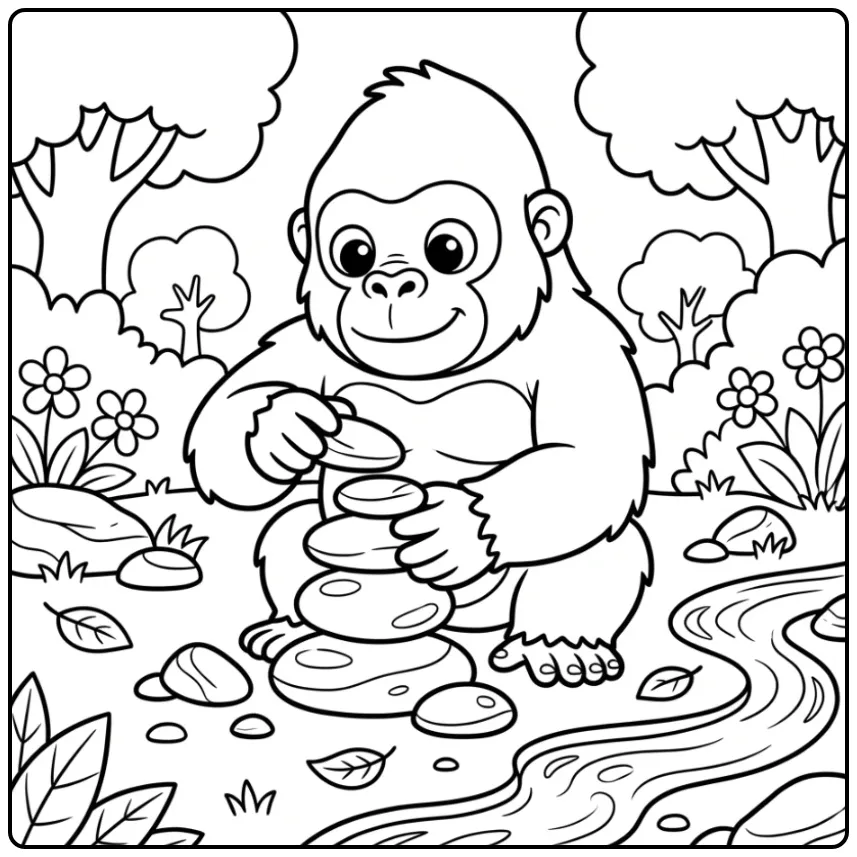 Cute Gorilla Stone Stacking at the River coloring page