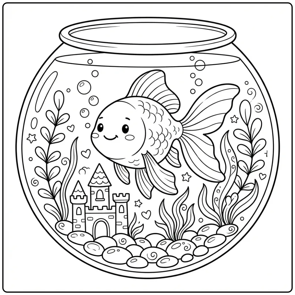 Cute Goldfish in a Fishbowl coloring page