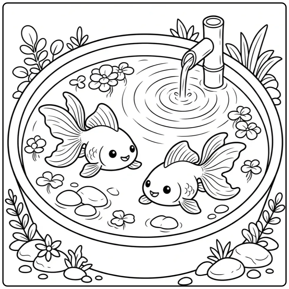 Goldfish coloring page with two fish and stones