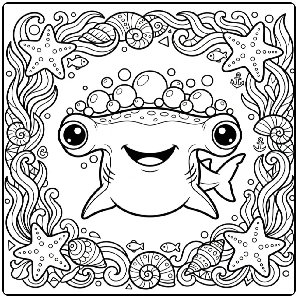 Cute Hammerhead Shark Seaweed Edge coloring page