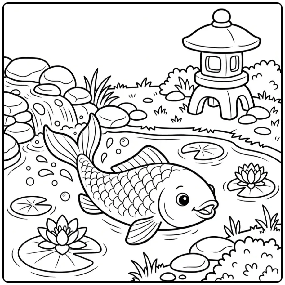 Carp coloring page swimming in a pond with a waterfall