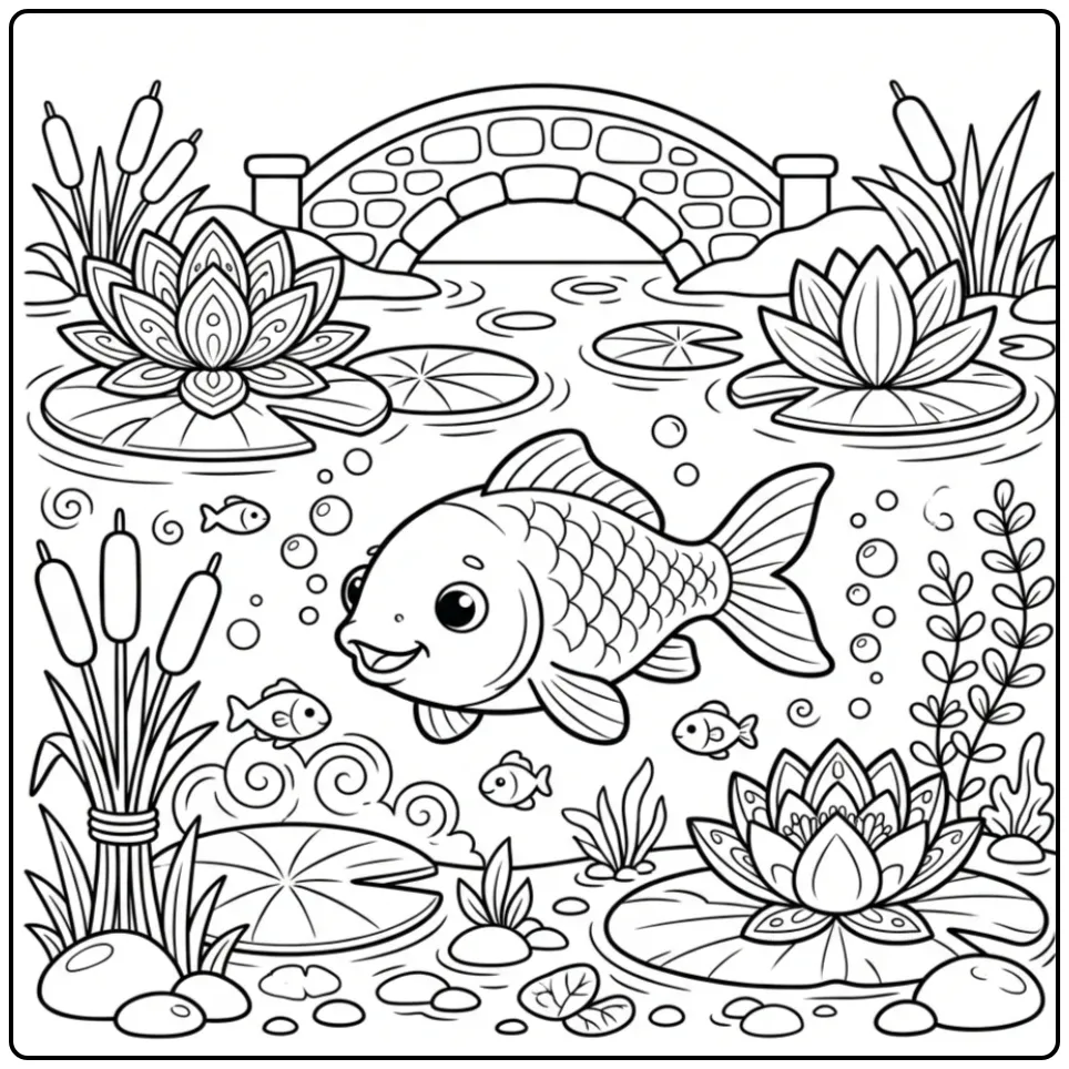 Cute Carp in Pond with Bridge coloring page