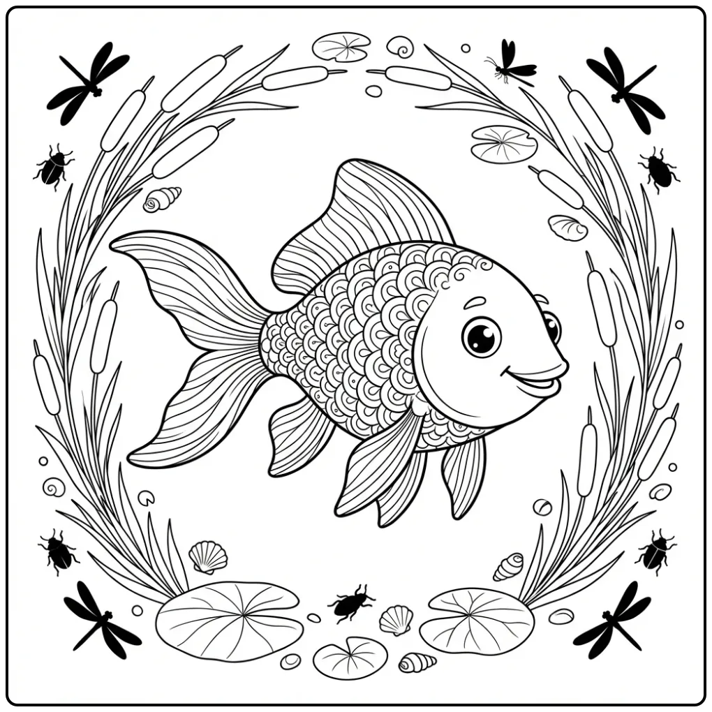 Cute Carp Water Plants and Animals coloring page
