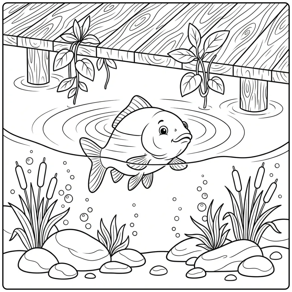 Cute Carp Under a Wooden Dock coloring page