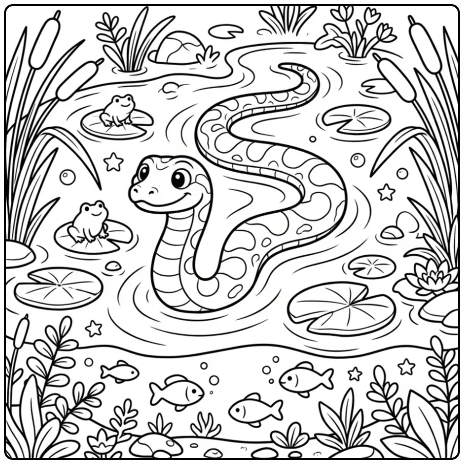 Anaconda coloring page featuring a snake swimming in an Amazon river