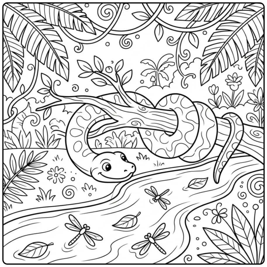 Anaconda coloring page featuring a snake on a branch in the jungle
