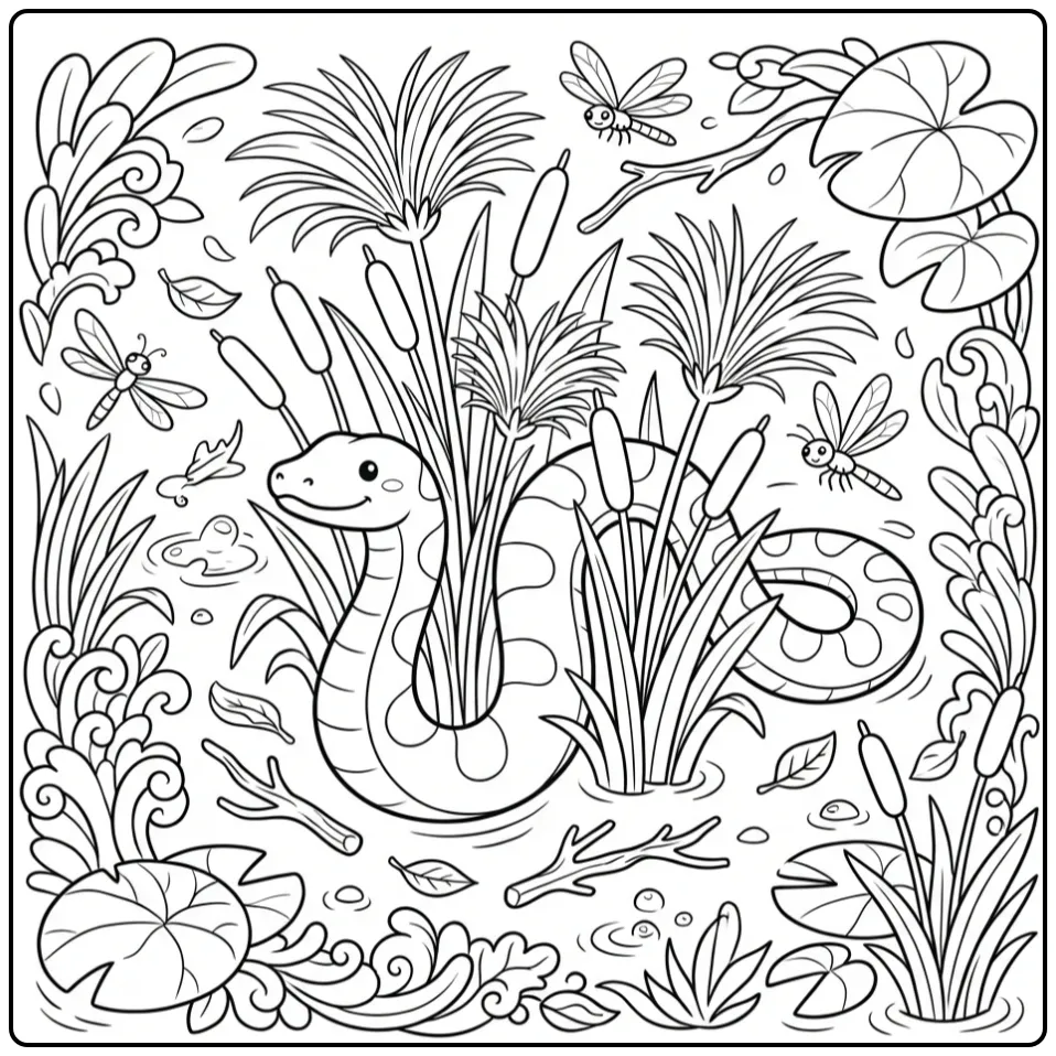 Anaconda coloring page showing a snake in a marsh