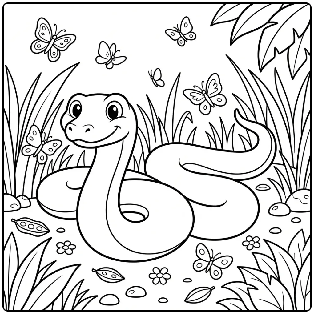 Anaconda coloring page featuring a snake in tall jungle grass