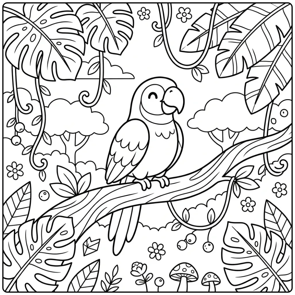 Cute Macaw on a Branch in the Rainforest coloring page