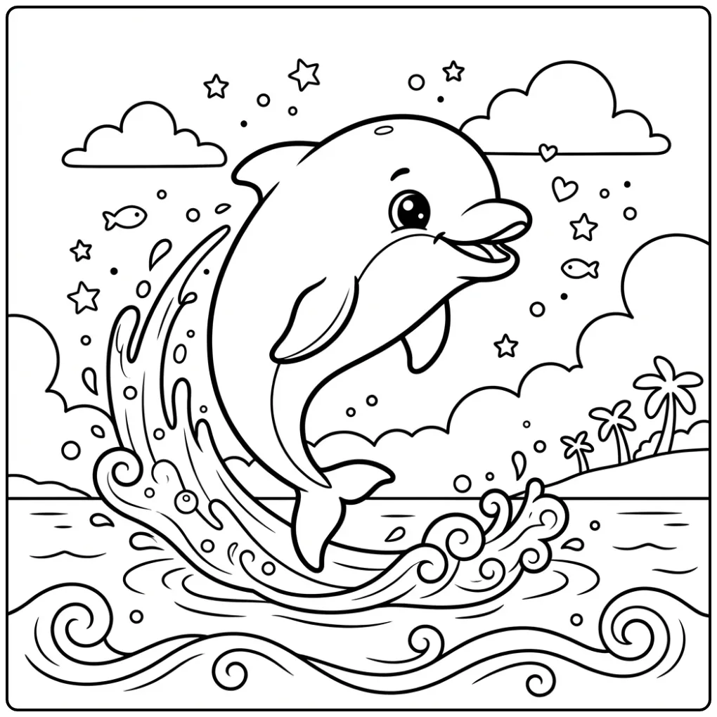 Cute Baby Dolphin with a Tropical Island coloring page