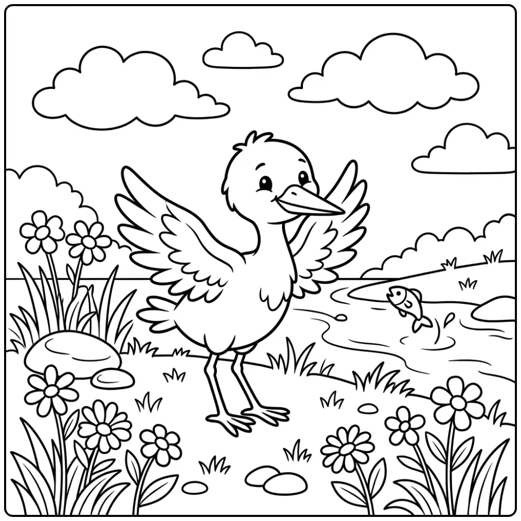 Cute Baby Stork at the Water coloring page