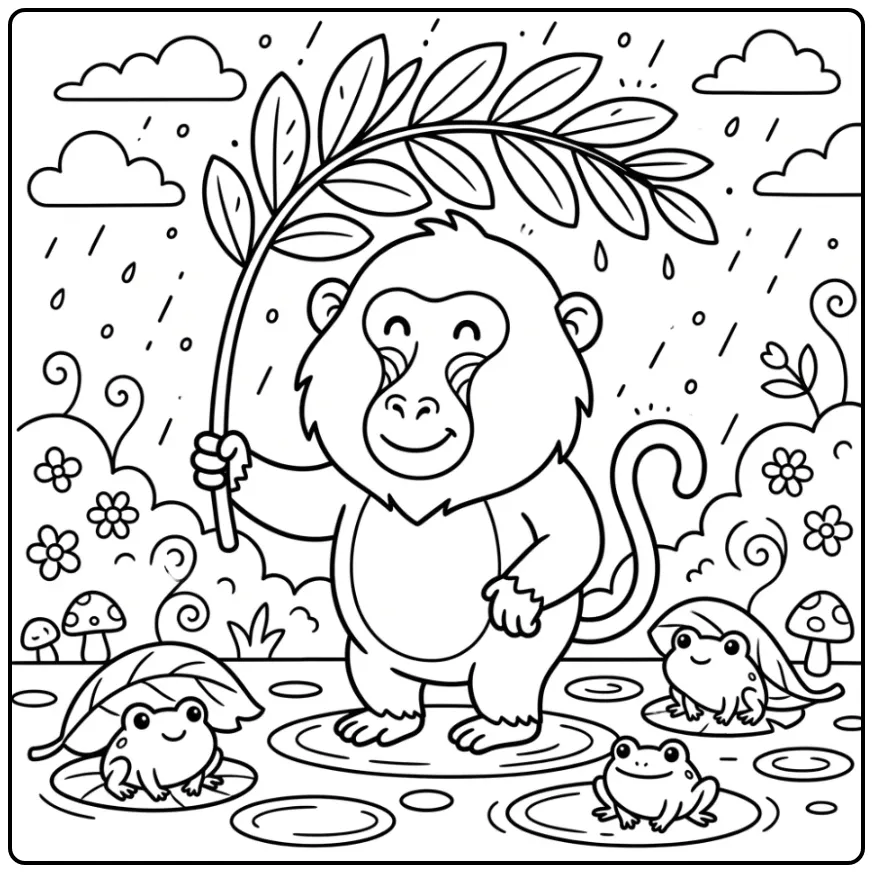 Cute Baboon in the Rain with Frogs coloring page
