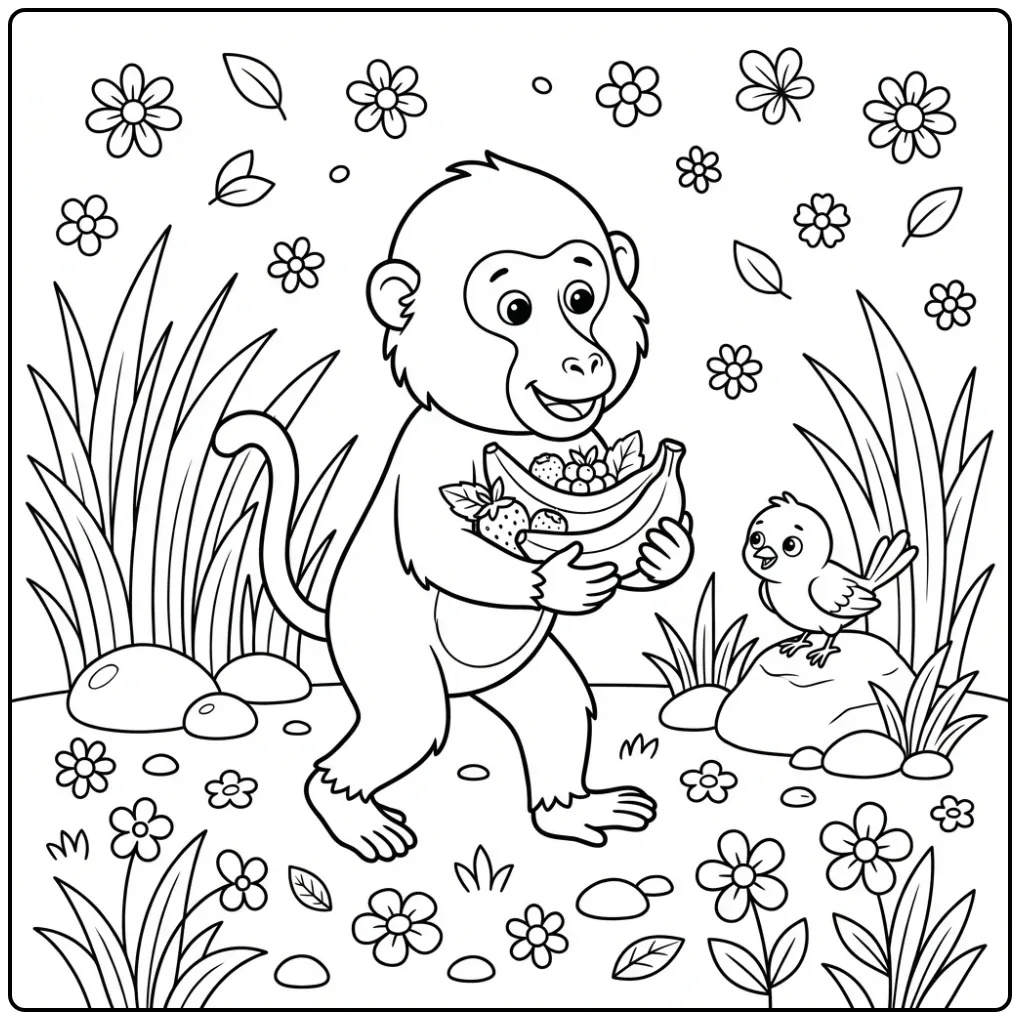Cute Baboon with Fruit coloring page
