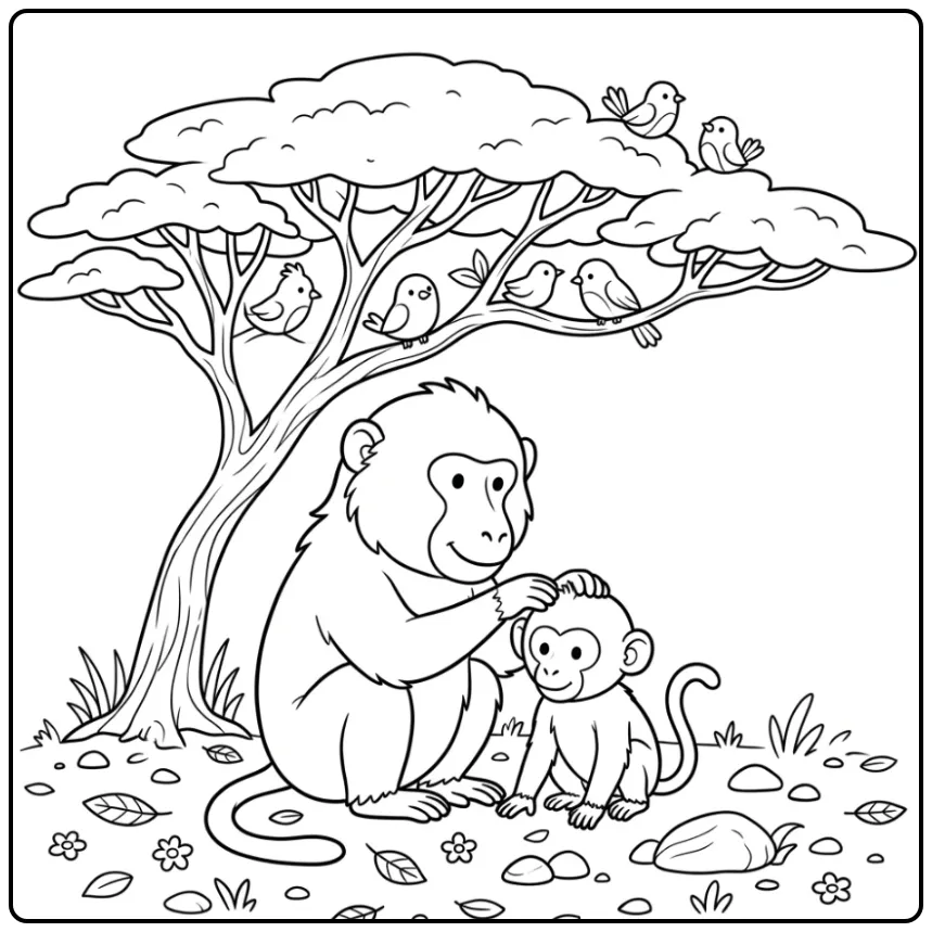 Cute Baboon with Her Young coloring page