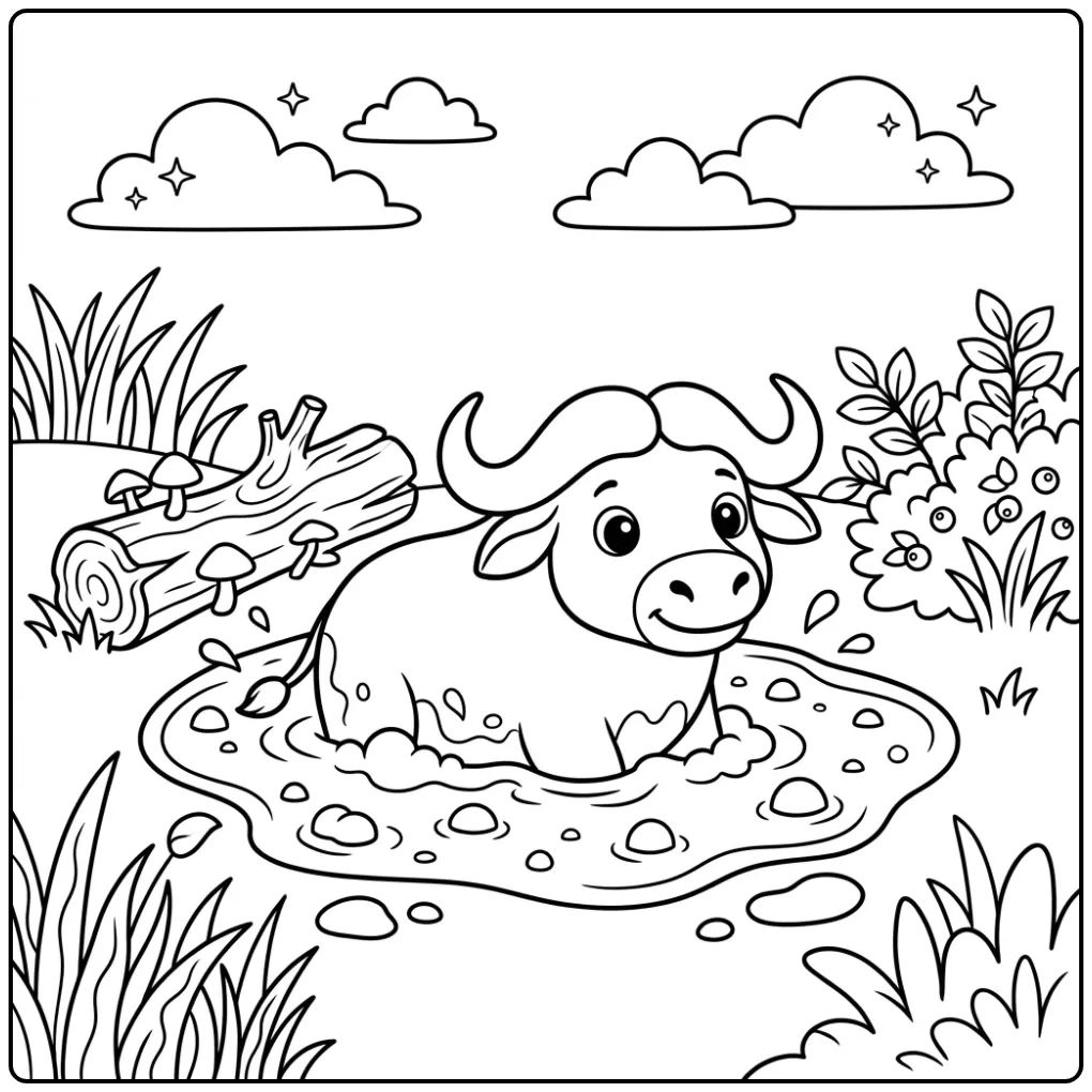 Cute Buffalo Playing in a Mud Puddle coloring page