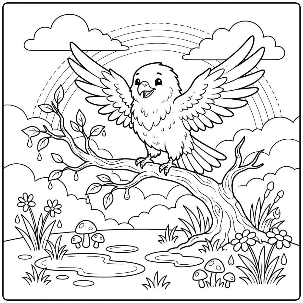 Cute Buzzard with Rainbow and Mushrooms coloring page