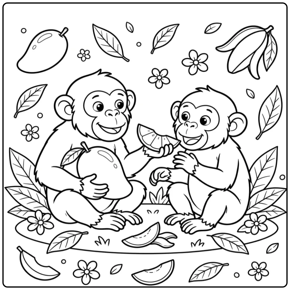 Chimpanzee coloring page sharing fruit with a friend