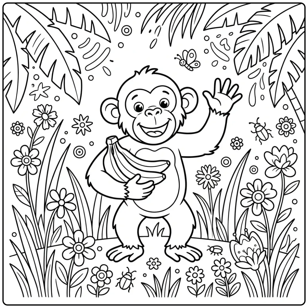 Chimpanzee coloring page waving with bananas