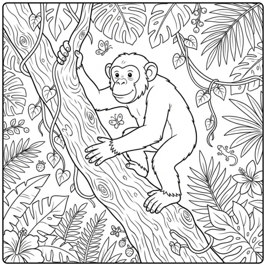 Chimpanzee coloring page climbing out of a tree with vines