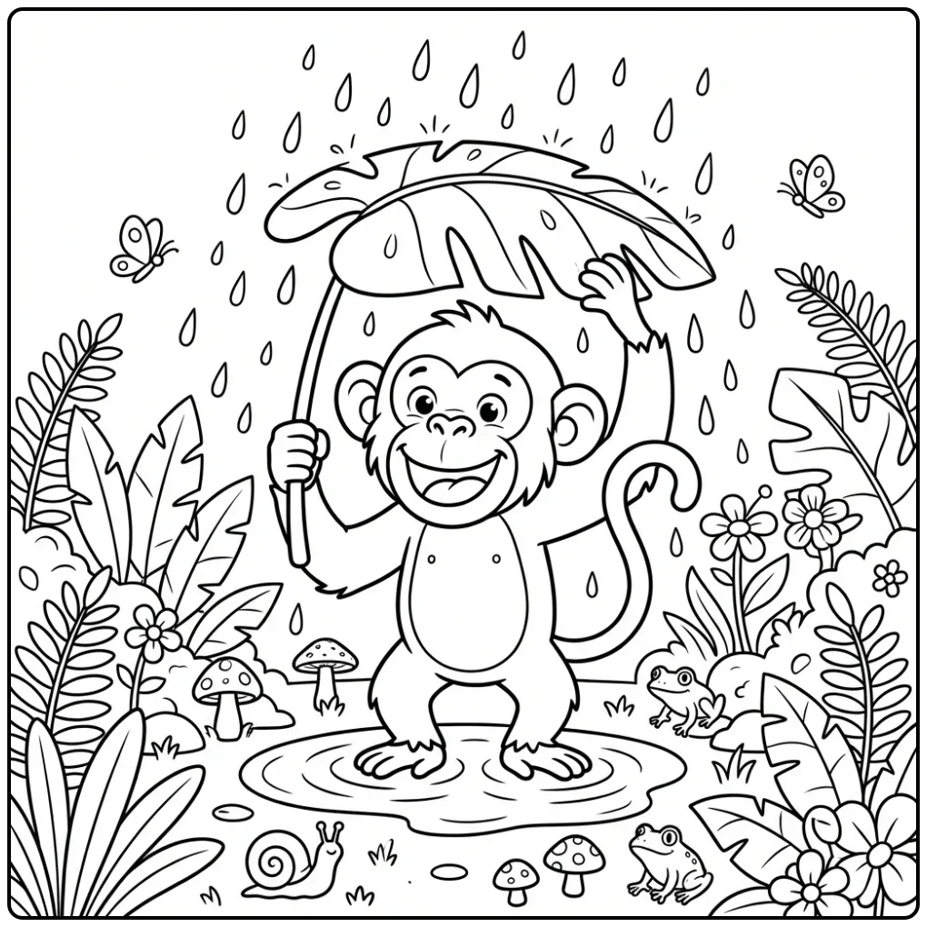 Chimpanzee coloring page with a leaf in the rain