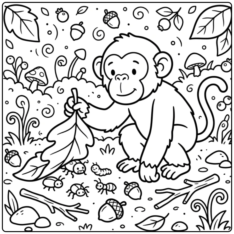 Chimpanzee coloring page searching for food in the forest