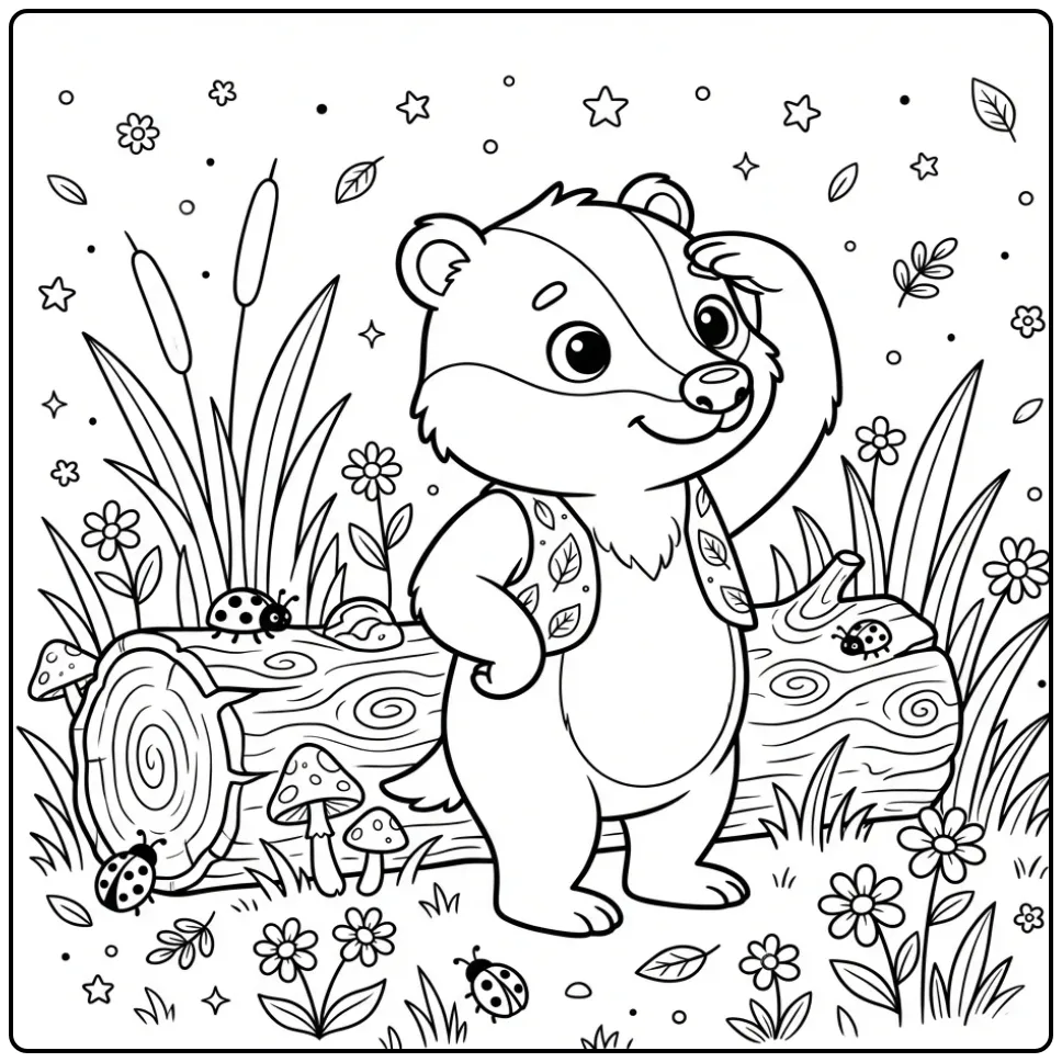 Cheerful badger coloring page standing among grass and flowers