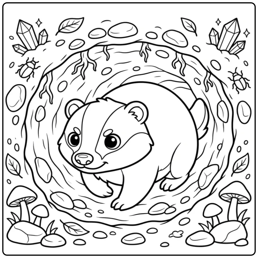 Badger coloring page in a narrow underground tunnel
