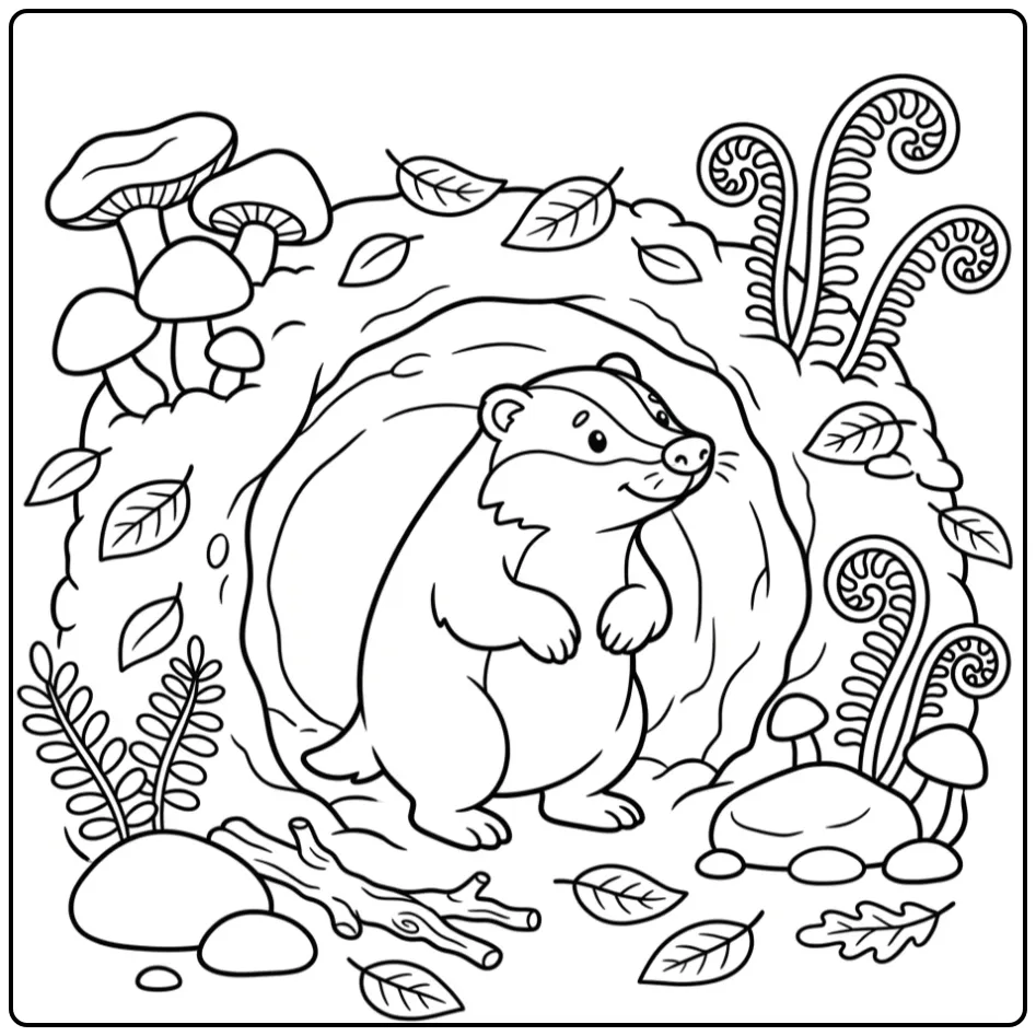 Badger coloring page sniffing near its burrow