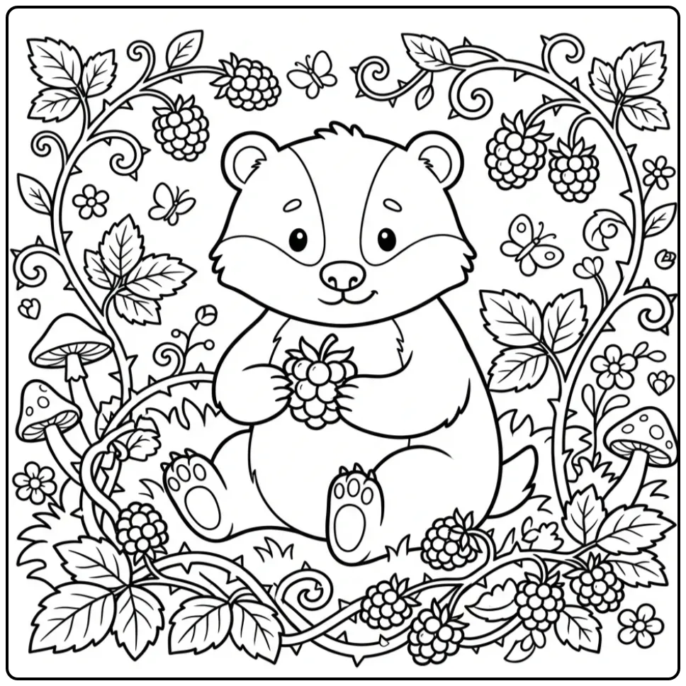 Badger coloring page holding a berry
