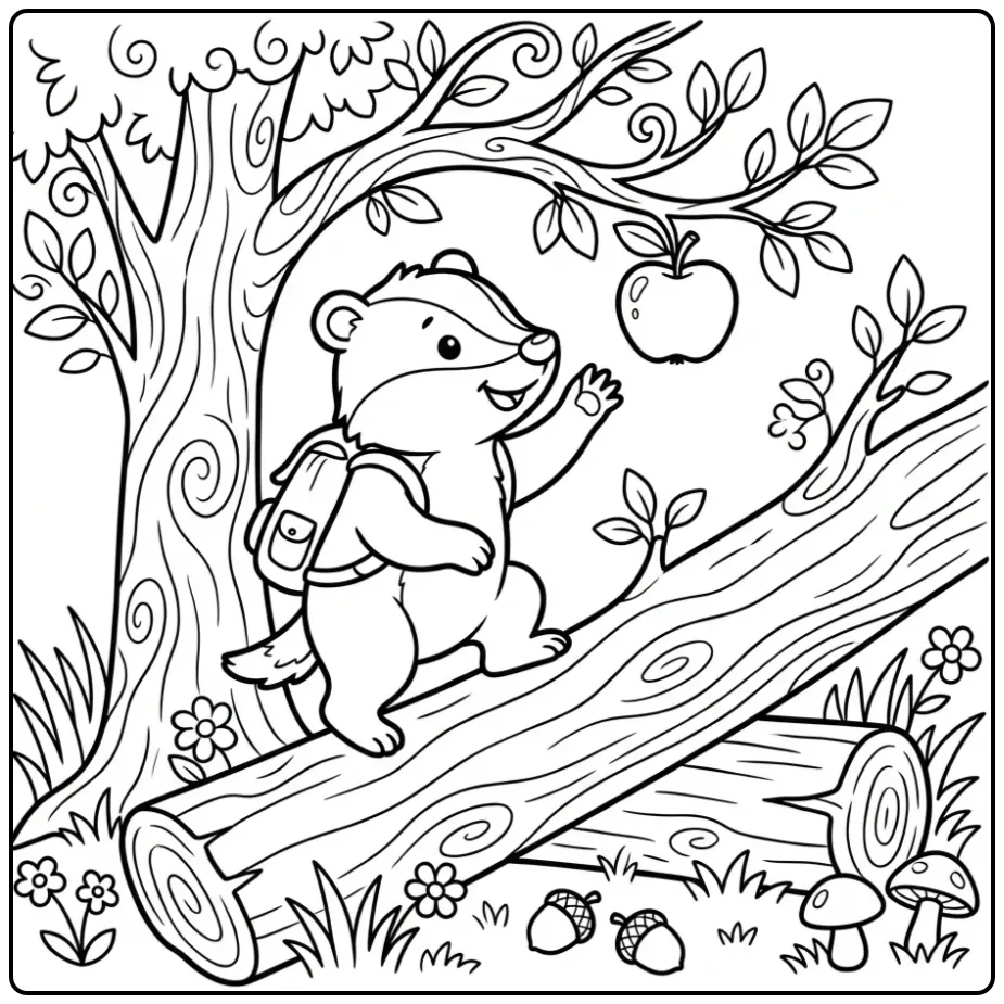 Cheerful badger coloring page climbing toward an apple tree