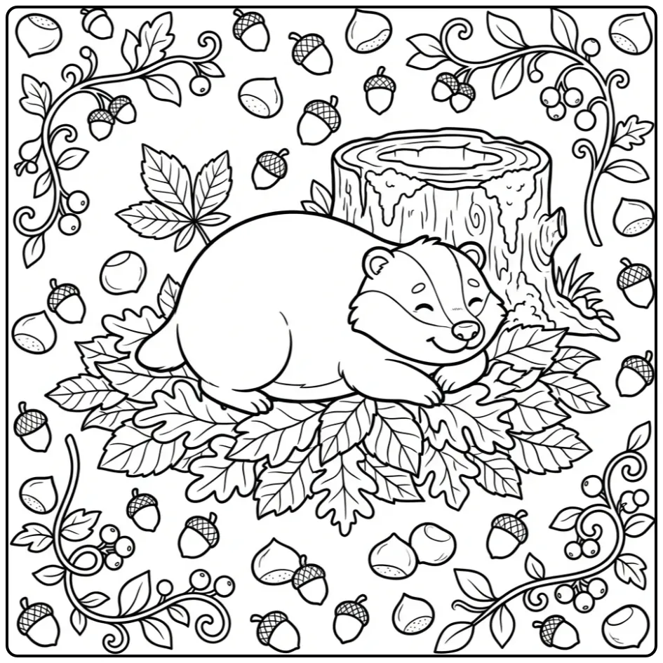 Resting badger coloring page by a stump in autumn